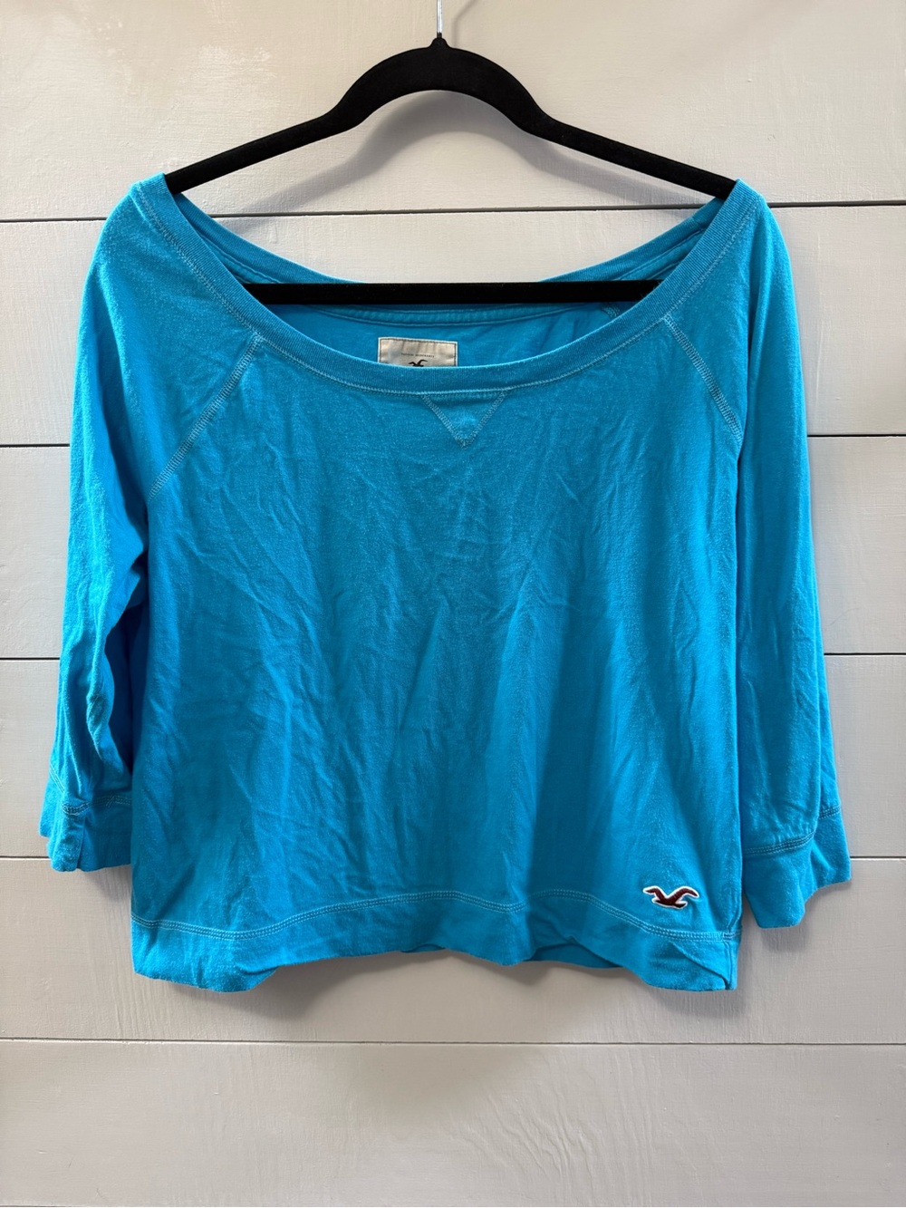 Hollister Vintage Y2K Blue Off The Shoulder 3/4 Sleeve Top Size Large Logo
